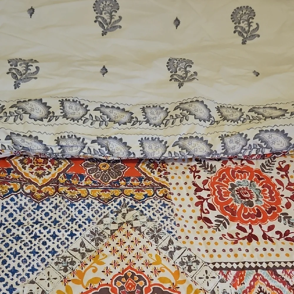 Anthology Jodpur Cream Gray Orange Embroidered Boho Reversible Full Comforter